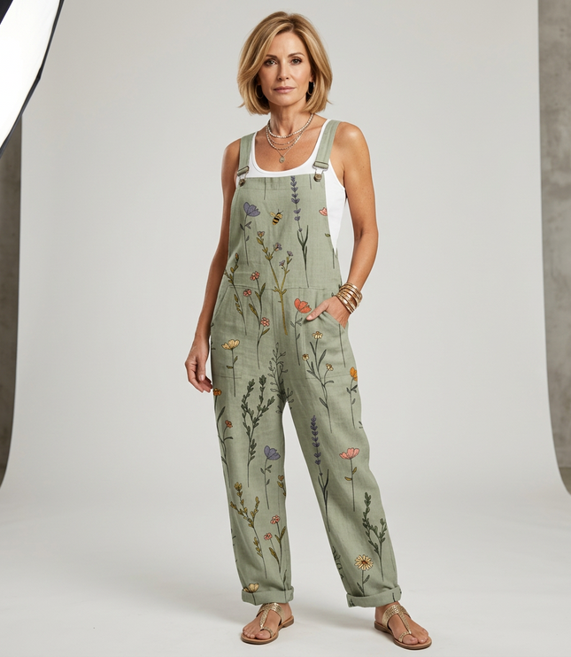 Women's Patch Pocket Botanical Print Overall Jumpsuit