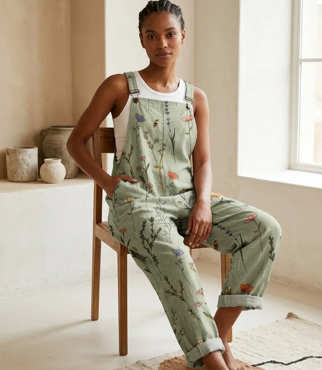 Women's Patch Pocket Botanical Print Overall Jumpsuit