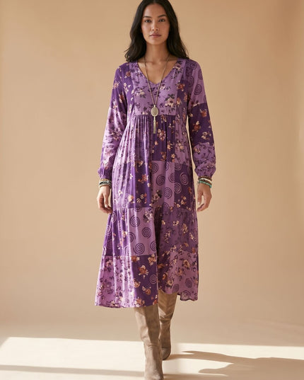 Women's Patchwork Print Long Sleeve Boho Maxi Dress