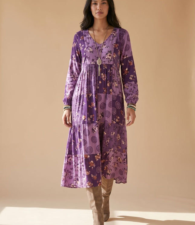 Women's Patchwork Print Long Sleeve Boho Maxi Dress