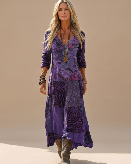 Women's Patchwork Print Long Sleeve Boho Maxi Dress