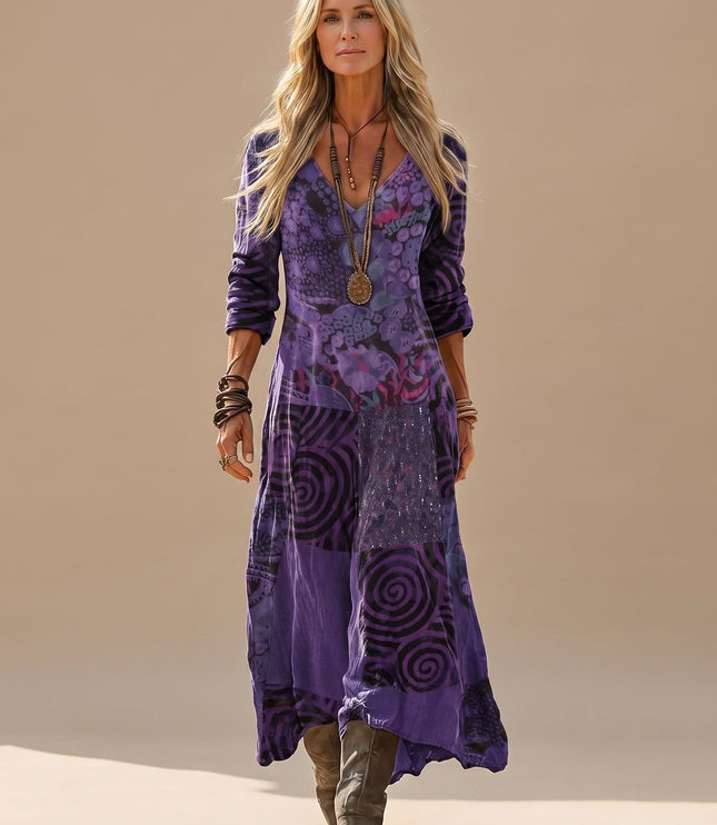 Women's Patchwork Print Long Sleeve Boho Maxi Dress
