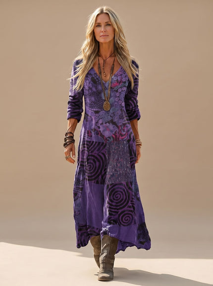 Women's Patchwork Print Long Sleeve Boho Maxi Dress