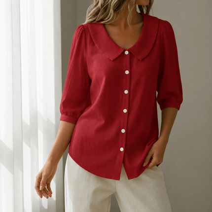 Women's Peter Pan Collar Button-Up Puff Sleeve Blouse