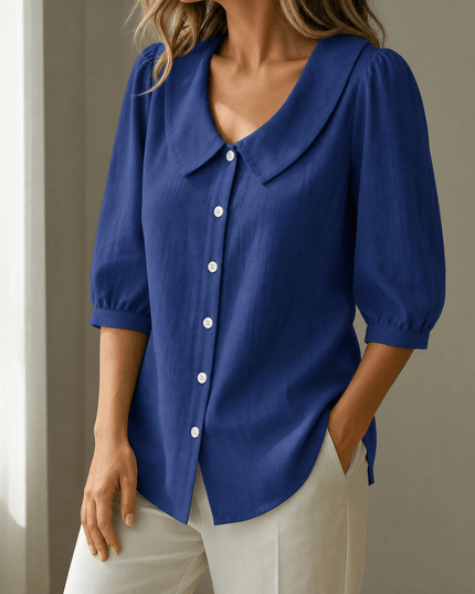 Women's Peter Pan Collar Button-Up Puff Sleeve Blouse