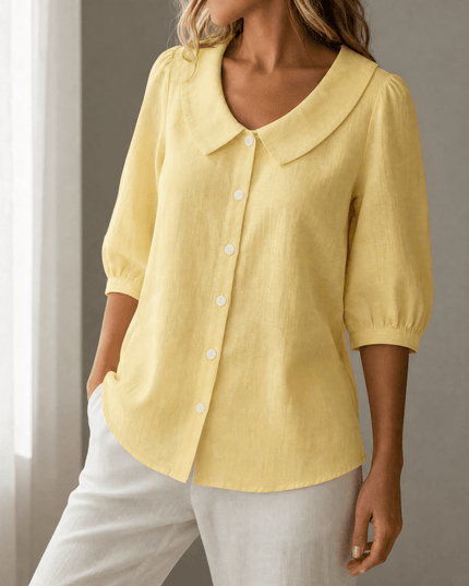 Women's Peter Pan Collar Button-Up Puff Sleeve Blouse