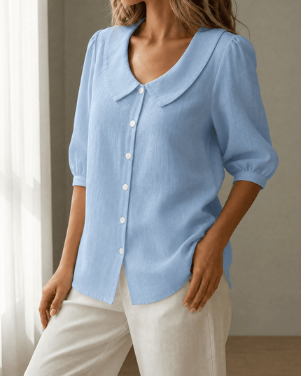 Women's Peter Pan Collar Button-Up Puff Sleeve Blouse