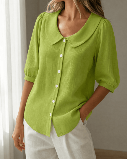 Women's Peter Pan Collar Button-Up Puff Sleeve Blouse