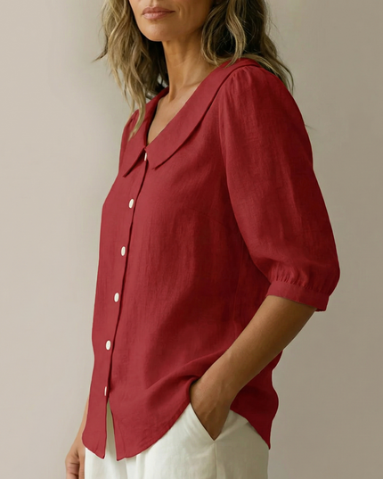 Women's Peter Pan Collar Button-Up Puff Sleeve Blouse