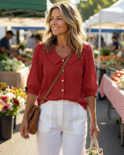 Women's Peter Pan Collar Button-Up Puff Sleeve Blouse