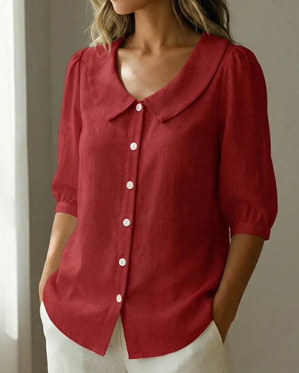 Women's Peter Pan Collar Button-Up Puff Sleeve Blouse