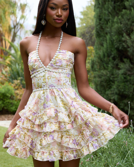 Women's Pink Floral Halter Mini Dress for Wedding Guests