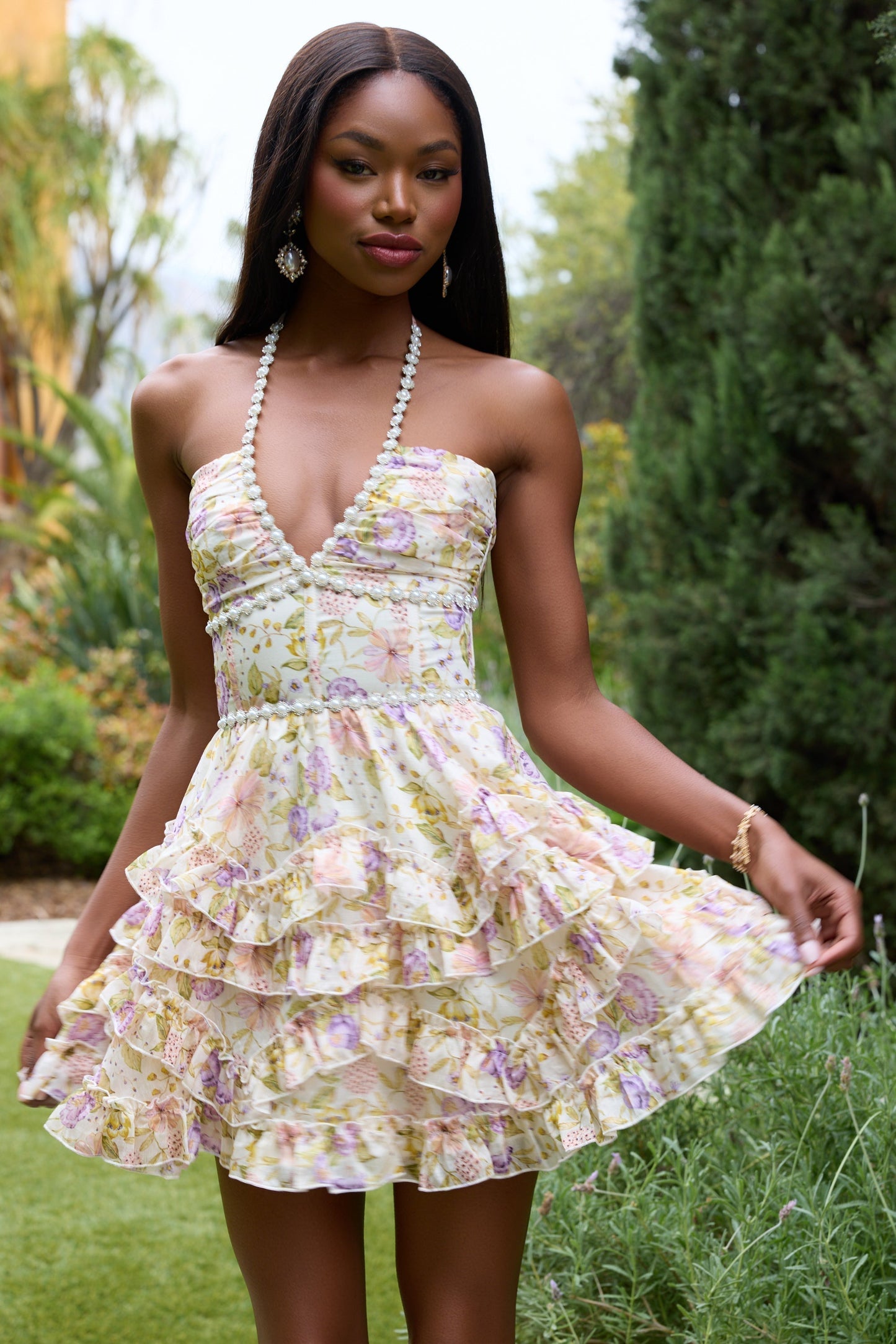 Women's Pink Floral Halter Mini Dress for Wedding Guests