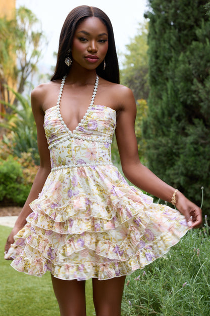 Women's Pink Floral Halter Mini Dress for Wedding Guests
