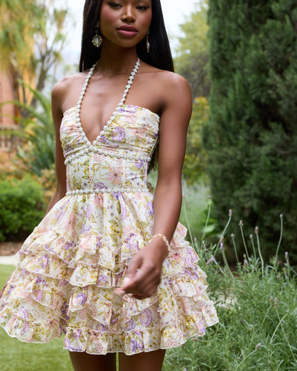 Women's Pink Floral Halter Mini Dress for Wedding Guests
