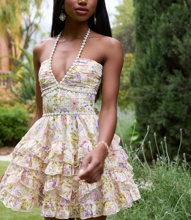Women's Pink Floral Halter Mini Dress for Wedding Guests