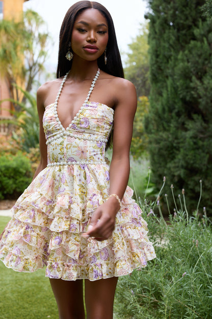 Women's Pink Floral Halter Mini Dress for Wedding Guests