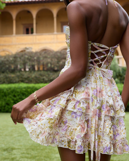 Women's Pink Floral Halter Mini Dress for Wedding Guests