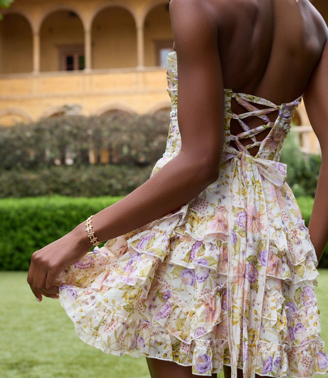 Women's Pink Floral Halter Mini Dress for Wedding Guests