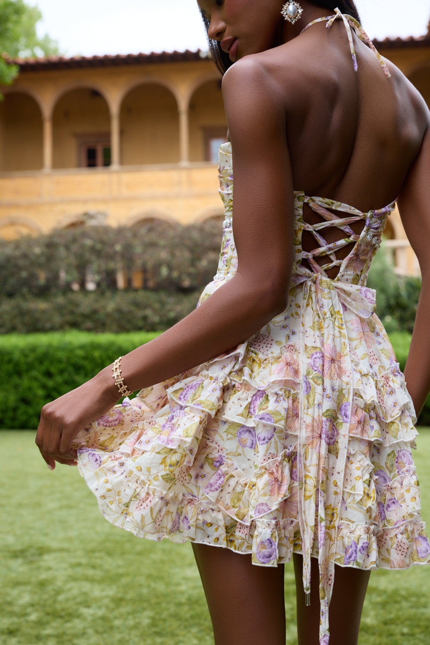 Women's Pink Floral Halter Mini Dress for Wedding Guests