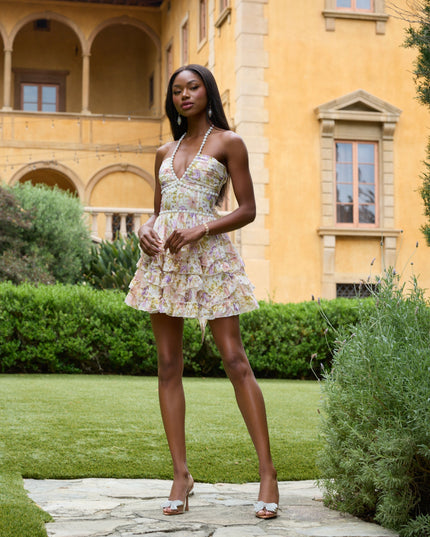 Women's Pink Floral Halter Mini Dress for Wedding Guests