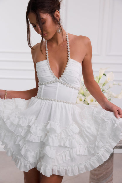 Women's Pink Floral Halter Mini Dress for Wedding Guests