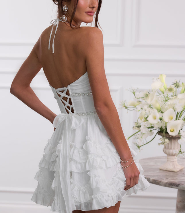 Women's Pink Floral Halter Mini Dress for Wedding Guests