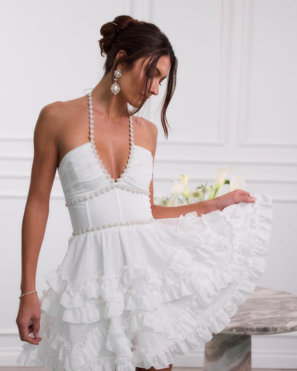 Women's Pink Floral Halter Mini Dress for Wedding Guests