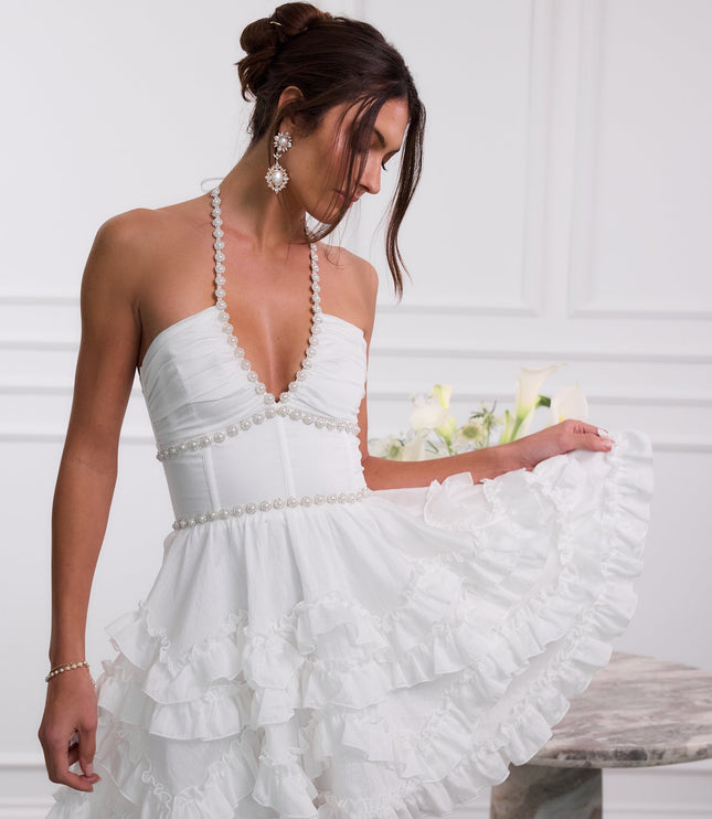 Women's Pink Floral Halter Mini Dress for Wedding Guests