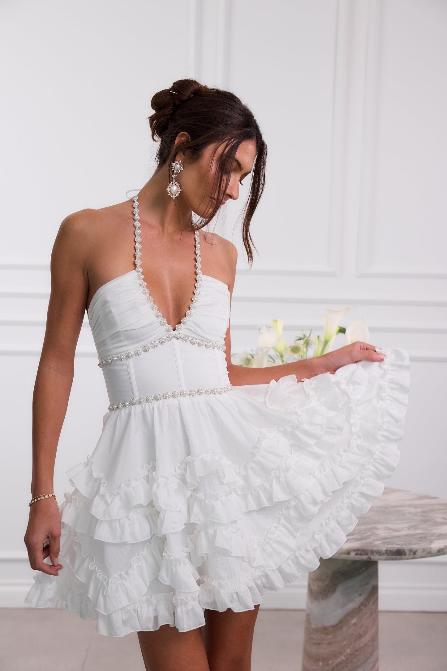 Women's Pink Floral Halter Mini Dress for Wedding Guests