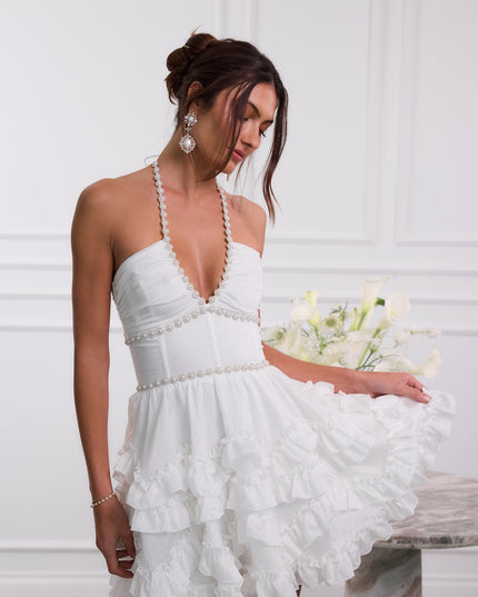 Women's Pink Floral Halter Mini Dress for Wedding Guests