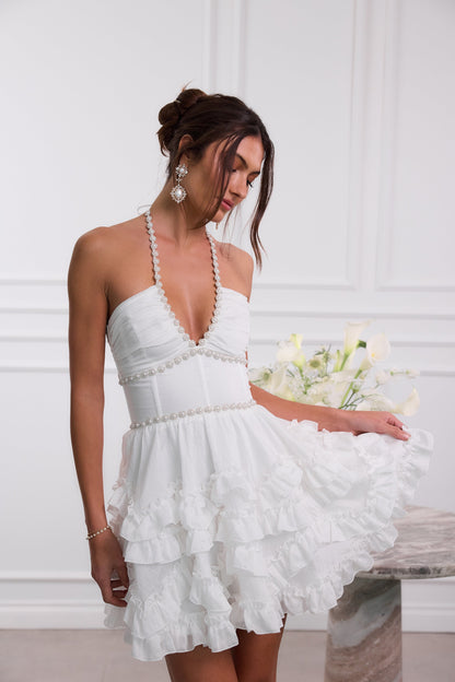 Women's Pink Floral Halter Mini Dress for Wedding Guests