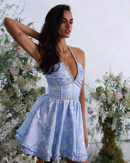 Women's Pink Floral Halter Mini Dress for Wedding Guests
