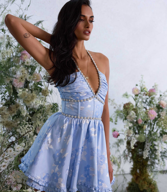 Women's Pink Floral Halter Mini Dress for Wedding Guests