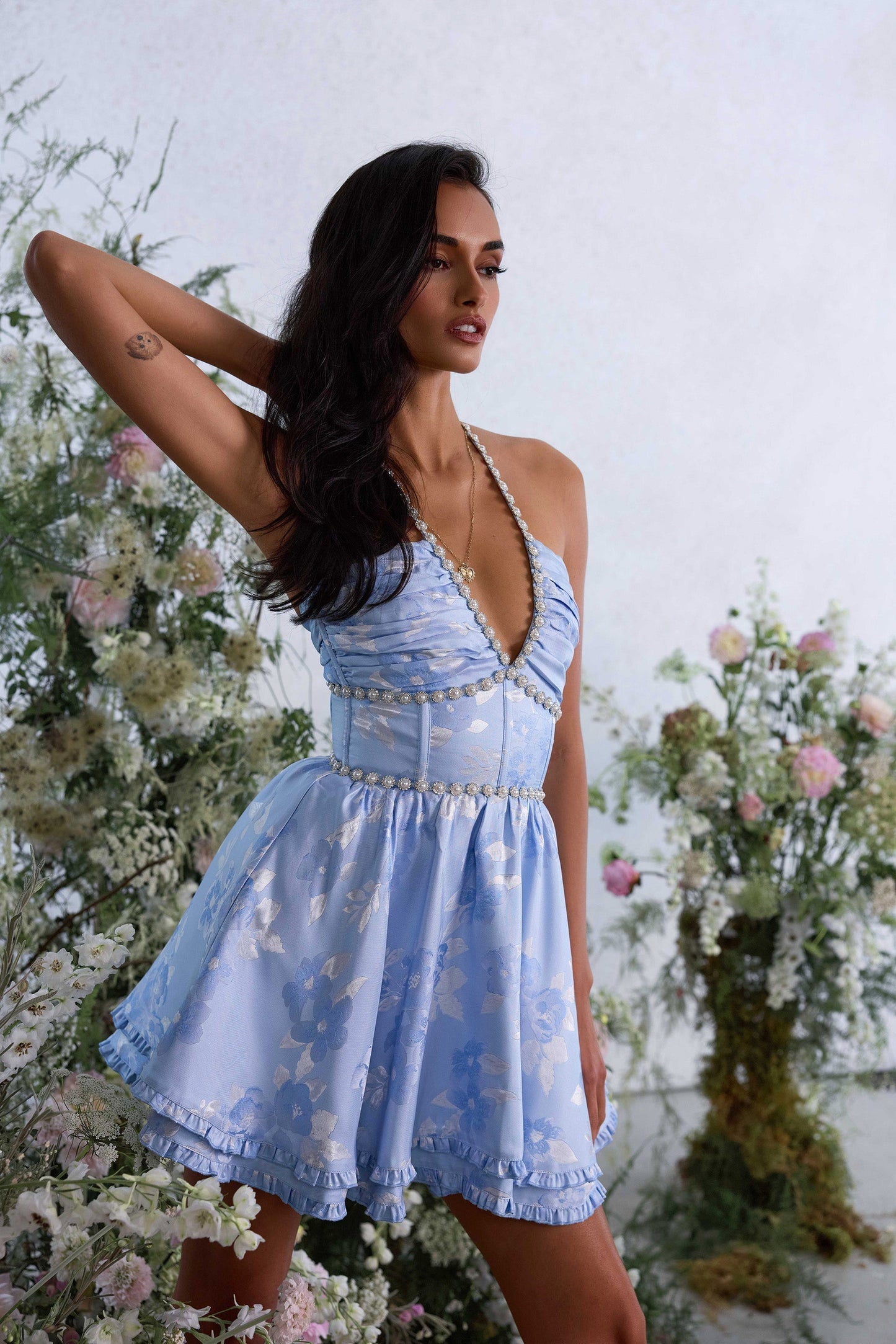 Women's Pink Floral Halter Mini Dress for Wedding Guests