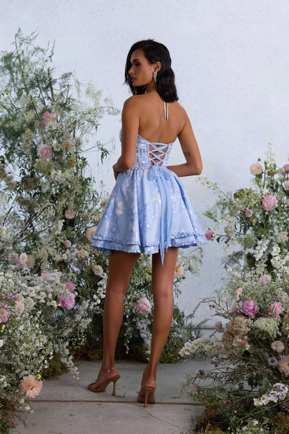 Women's Pink Floral Halter Mini Dress for Wedding Guests