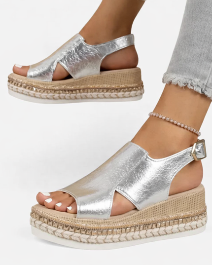 Women's Platform Sandals with a Croc-Effect Metallic Finish