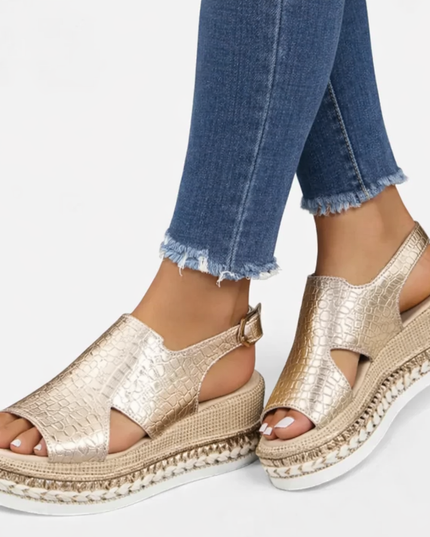 Women's Platform Sandals with a Croc-Effect Metallic Finish