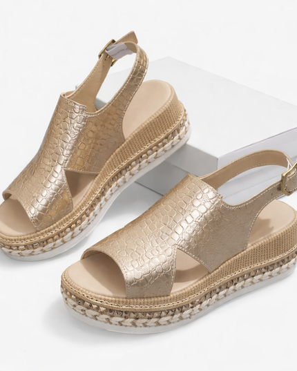 Women's Platform Sandals with a Croc-Effect Metallic Finish