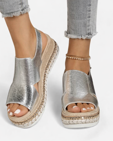 Women's Platform Sandals with a Croc-Effect Metallic Finish
