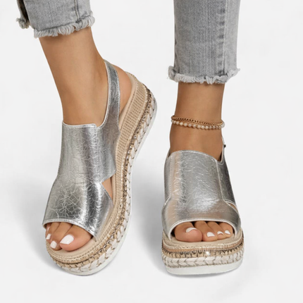 Women's Platform Sandals with a Croc-Effect Metallic Finish