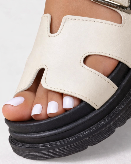 Women's Platform Slides with a Cut-Out Strap and Buckle