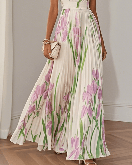 Women's Pleated Gown in Floral Print with a Square Neckline