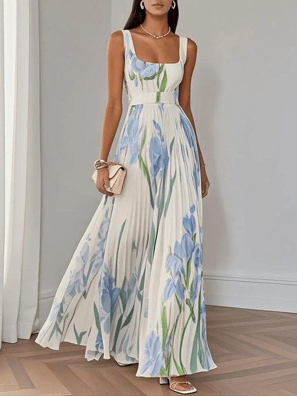 Women's Pleated Gown in Floral Print with a Square Neckline