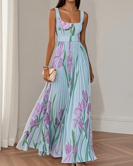 Women's Pleated Gown in Floral Print with a Square Neckline