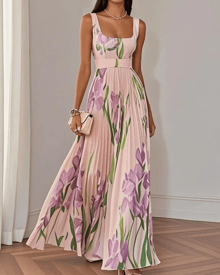 Women's Pleated Gown in Floral Print with a Square Neckline
