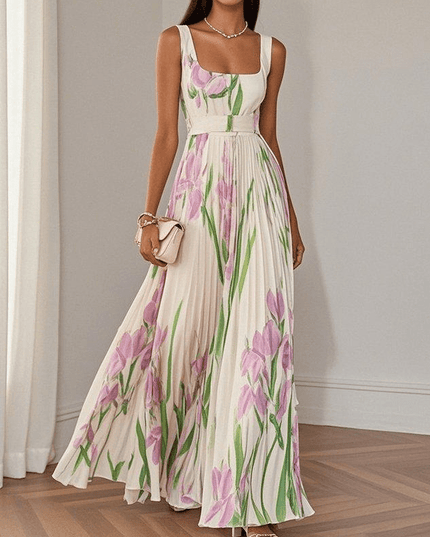 Women's Pleated Gown in Floral Print with a Square Neckline
