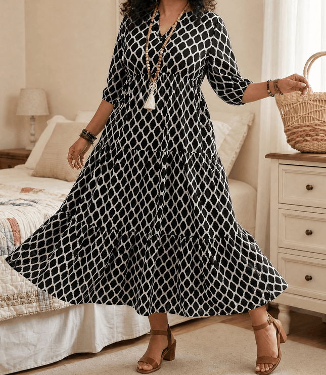 Women's Plus Size Boho Tiered Print Maxi Dress