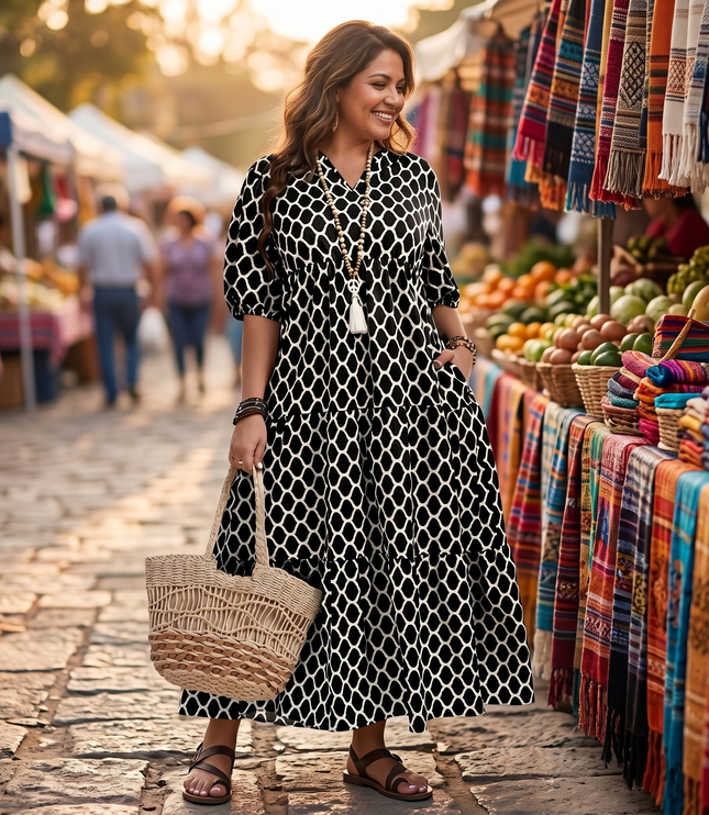 Women's Plus Size Boho Tiered Print Maxi Dress