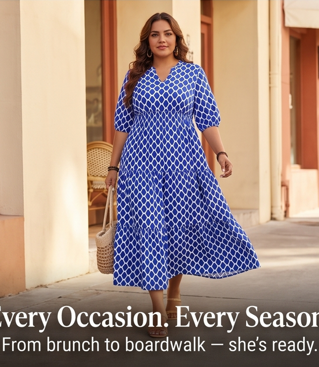 Women's Plus Size Boho Tiered Print Maxi Dress
